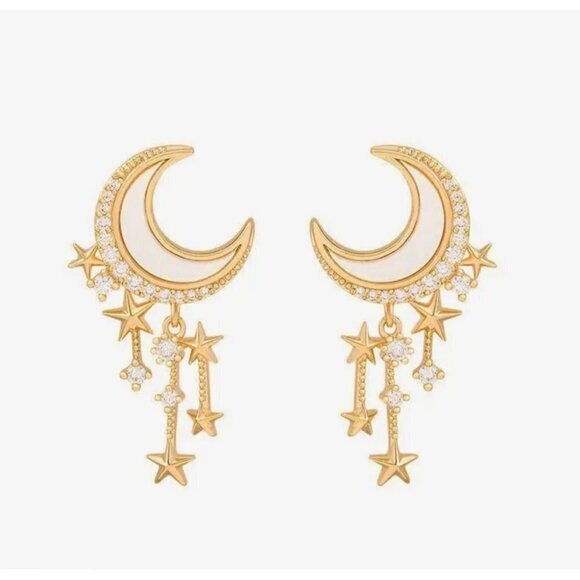 NWT 14K Gold Plated Star & Moon Sparkly Dangly Stud Earrings Women's - Picture 2 of 13